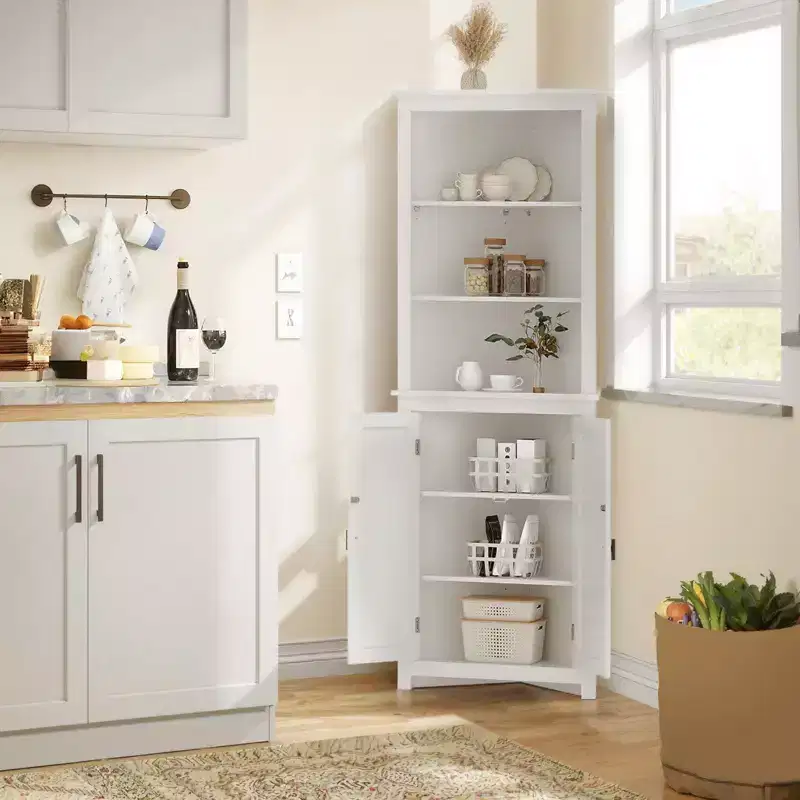 Corner Hutch Cabinet in White  Tall Space-Saving Storage Unit with 2 Barn Door Design & Adjustable Shelves  Ideal for Kitchen Organization