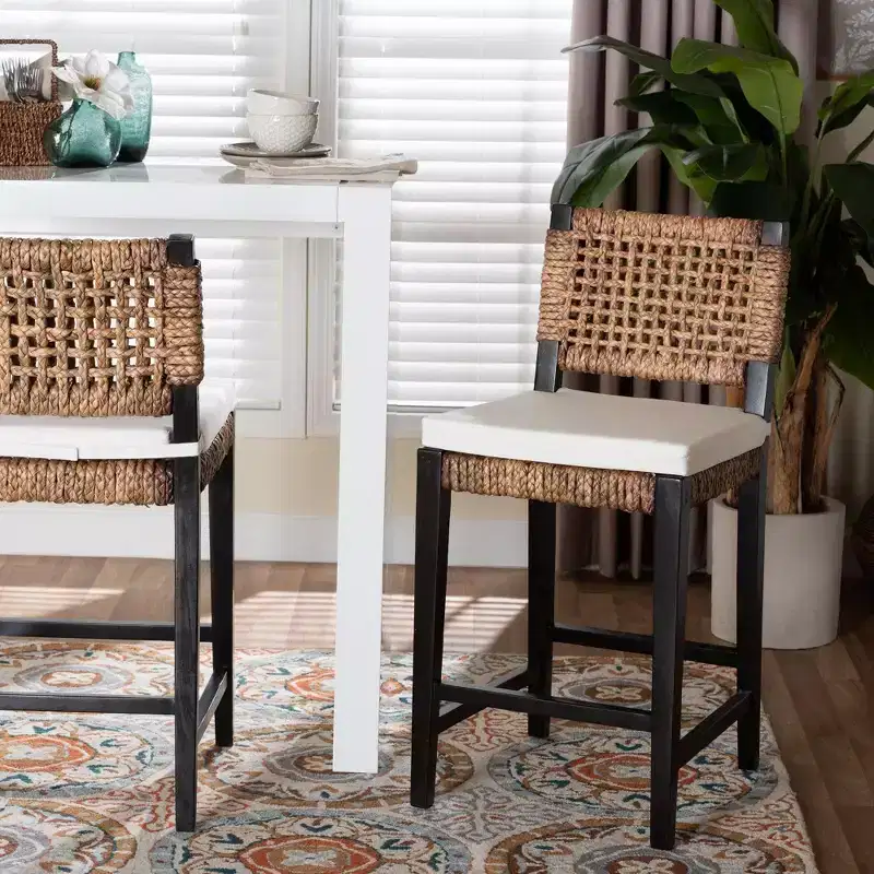 bali & pari Modern Bohemian Counter Stool, Dark Brown Mahogany & Seagrass, Woven Backrest