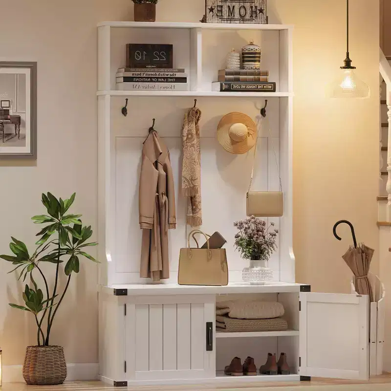 76 inch Hall Tree with Bench and Shoe Storage, 4-in-1 Entryway Mudroom Bench with Coat Rack and 5 Hooks, Adjustable Shelf