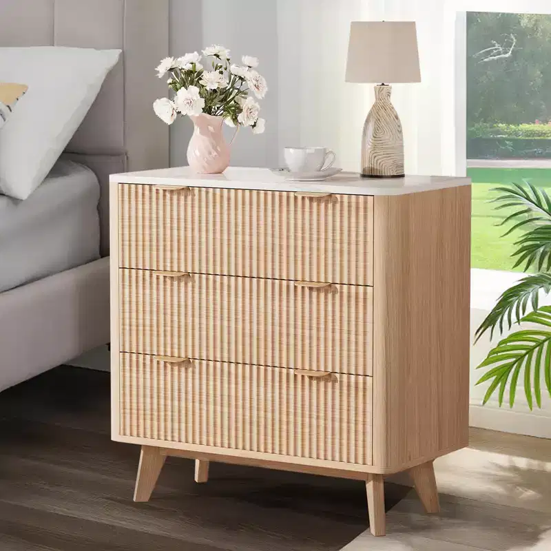 32 Width Fluted Modern Nightstands with Faux Marble Top,3 Drawer Bedside Table,Large Nightstand for Bedroom,Living Room, Hallway,Profile Design, Oak