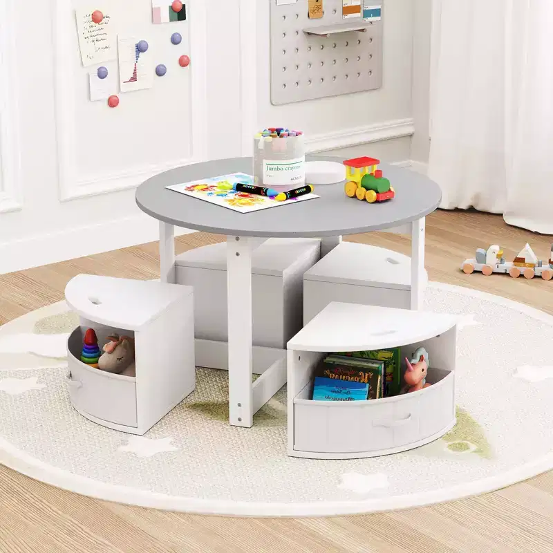 Costway 5 Piece Kids Play Table and Chairs Set Round Nesting Table Toddler Furniture Gray/Natural