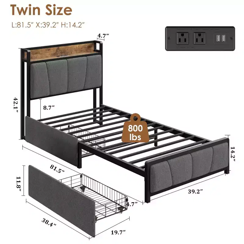 Coolmee Bed Frame with 2 Storage Drawers and Charging Station, Rustic Linen Upholstered Platform Bed with Storage Headboard, Heavy Duty