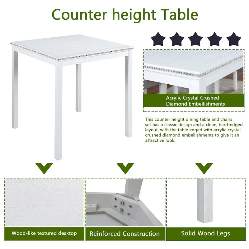 Modern 5-Piece Dining Set with Square Counter Height Table & 4 Upholstered Chairs