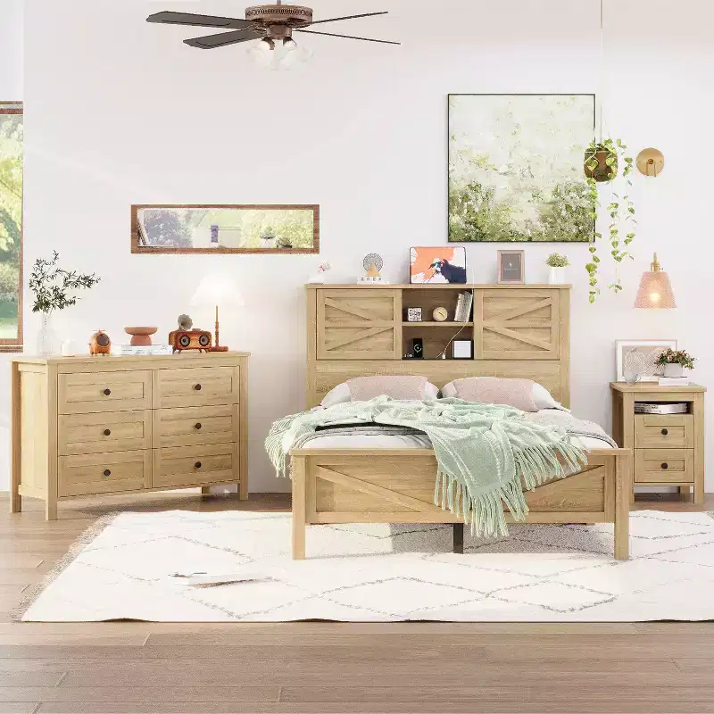 MAYEERTY 3 Pieces Full Bedroom with Double Sliding Door Storage Headboard and Chariging Station Storage Nightstand and Dresser for Bedroom Natural