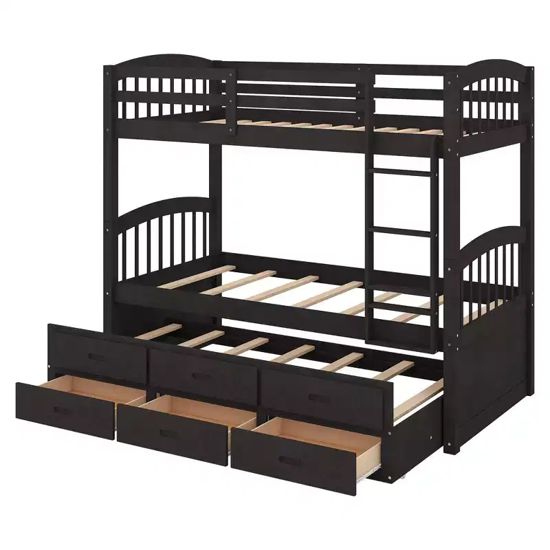 Wood Twin over Twin Bunk Bed with Ladder, Trundle & Drawers