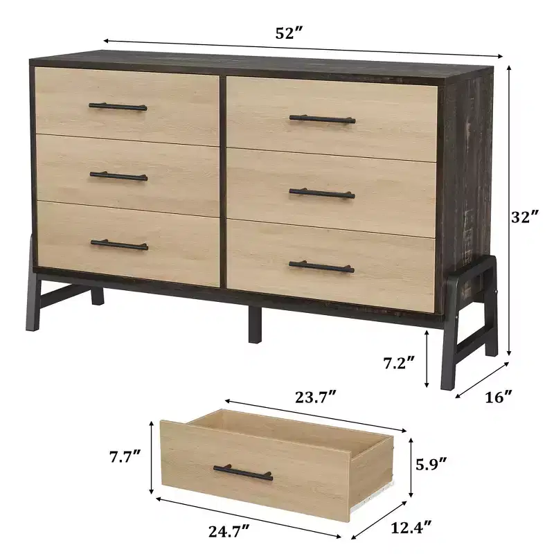 6 Dresser for Bedroom, 52 Wide Drawer with Large Storage Space, Freestanding Wooden Closet Storage Dresser Chest for Living Room, Bedroom, Entryway