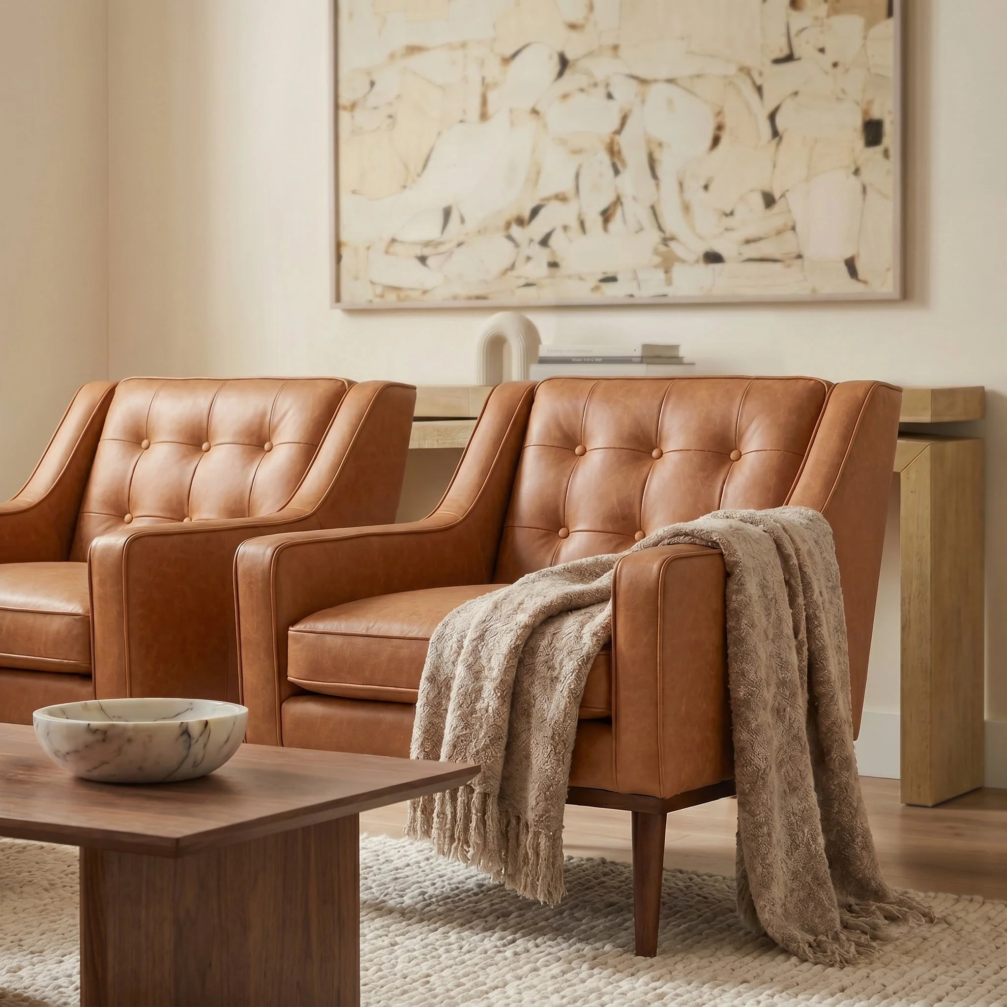 Modern Cognac Tan Leather Lounge Chair with Tufted Back