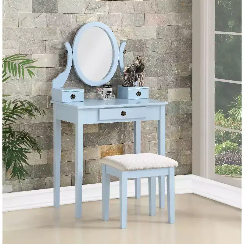Vintage Vanity Desk with Oval Mirror, Compact Vanity with 3 Drawers and Cushioned Stool, Small Vanity Desk for Small Space