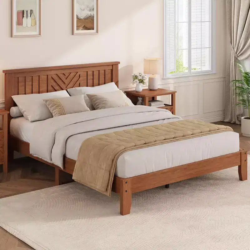 Wooden Platform Bed Frame with Headboard, Full Size Mattress Foundation with Wooden Slat Support, No Box Spring Needed, Easy Assembly, Light Brown