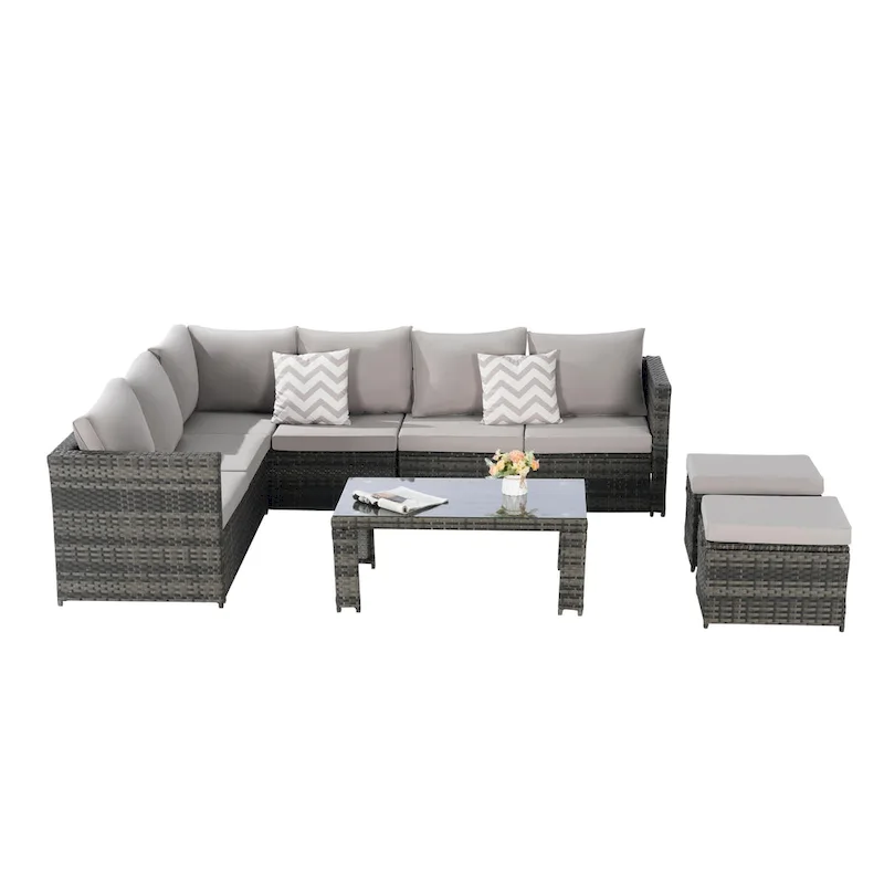 6-Piece Rattan Sectional Sofa Set with Glass Table
