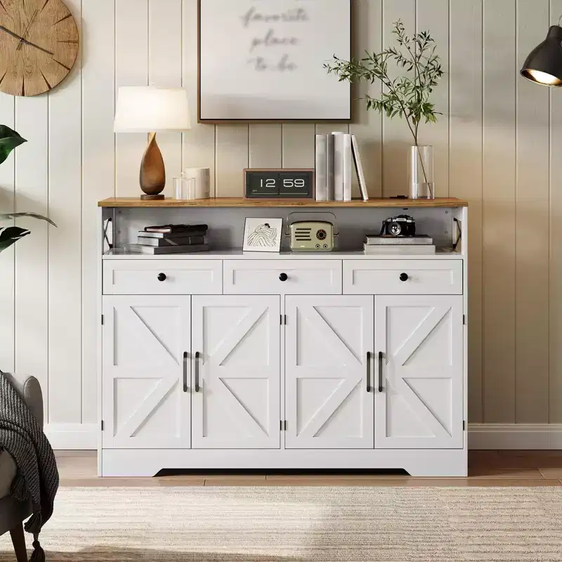 COZONY 51 Farmhouse Buffet Cabinet with Storage, Kitchen Hutch Sideboard Coffee Bar with 4 Barn Doors & 3 Drawers for Dining Room