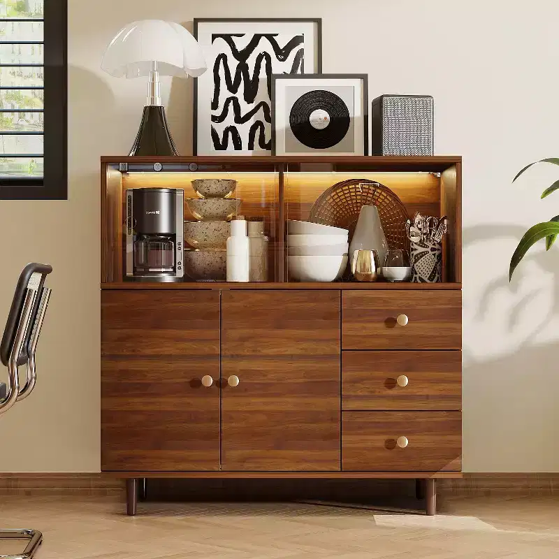 Vintage Style Side Storage Cabinet, Buffet Accent Cabinet with LED Lighting and Acrylic Sliders