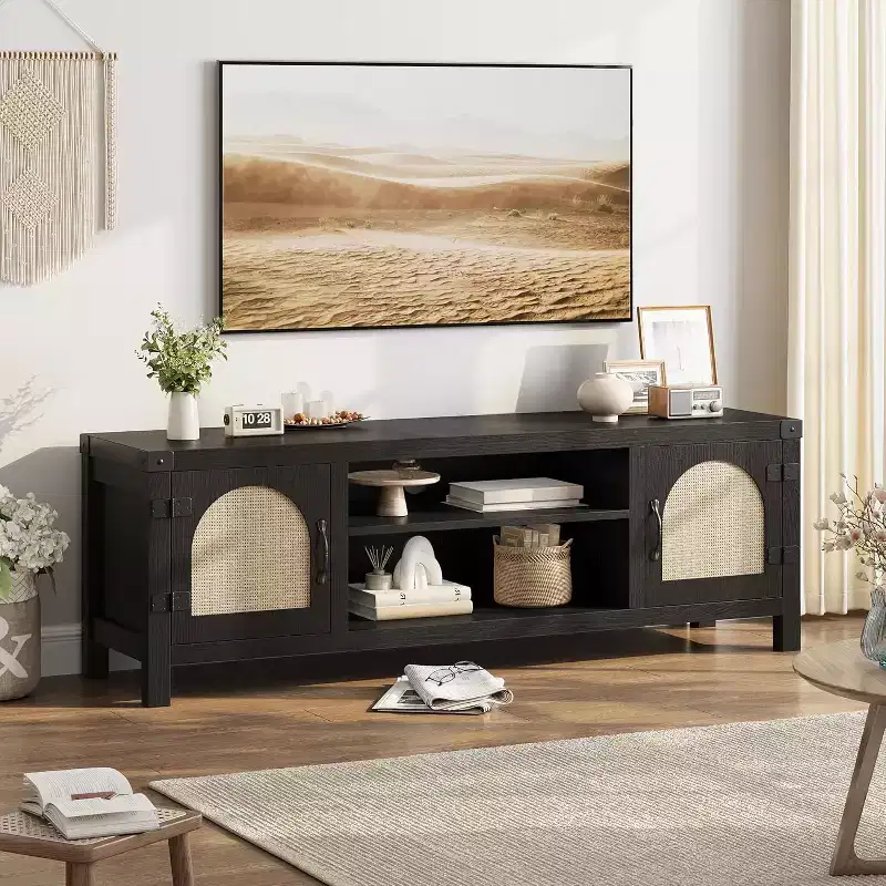 65-inch Bohemian-style TV stand with wicker door - Wooden entertainment center with two cabinets and adjustable shelves, suitable for living rooms