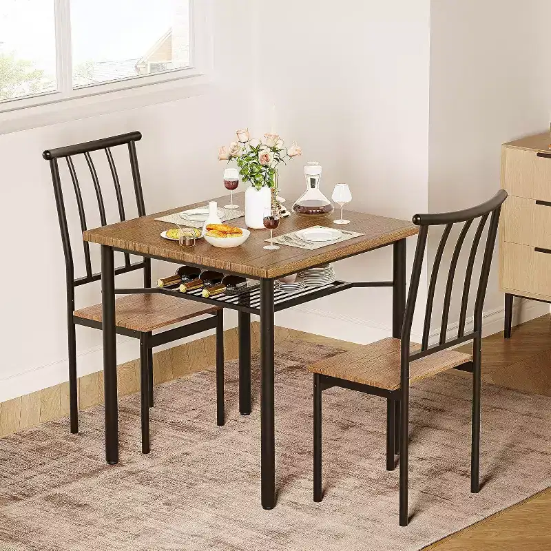 3-Piece Rustic Dining Set - Square Table & Chairs for 2 with Wine Rack, Small Space Kitchen