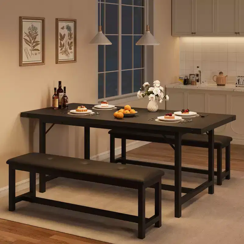 3PCS Dining Table Set, Extendable Kitchen Table with 2 Benches, Wooden Dining Room Table Set for 4-6, Space Saving Dinette Set for Home, Apartment