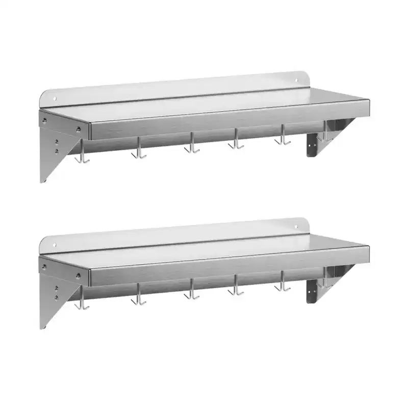 Stainless Steel Shelf, 2 Pack 12x36 Wall Mount Storage Rack with 6 Hooks - NSF Certified for Kitchen Cookware