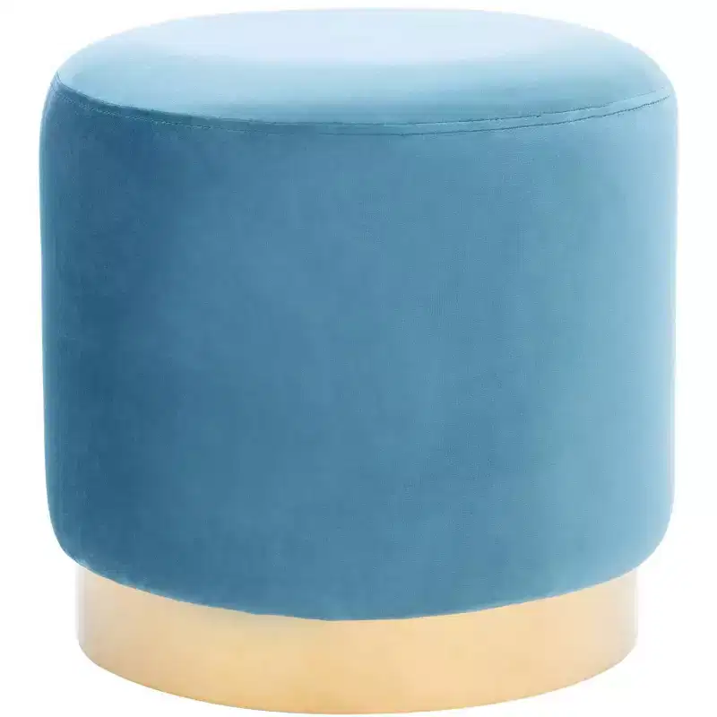 Round Velvet Ottoman, Seafoam/Gold