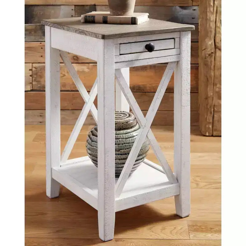 Adalane Side Table White/Gray: Vintage Crossbuck Design, USB Ports, Storage - Signature Design by Ashley