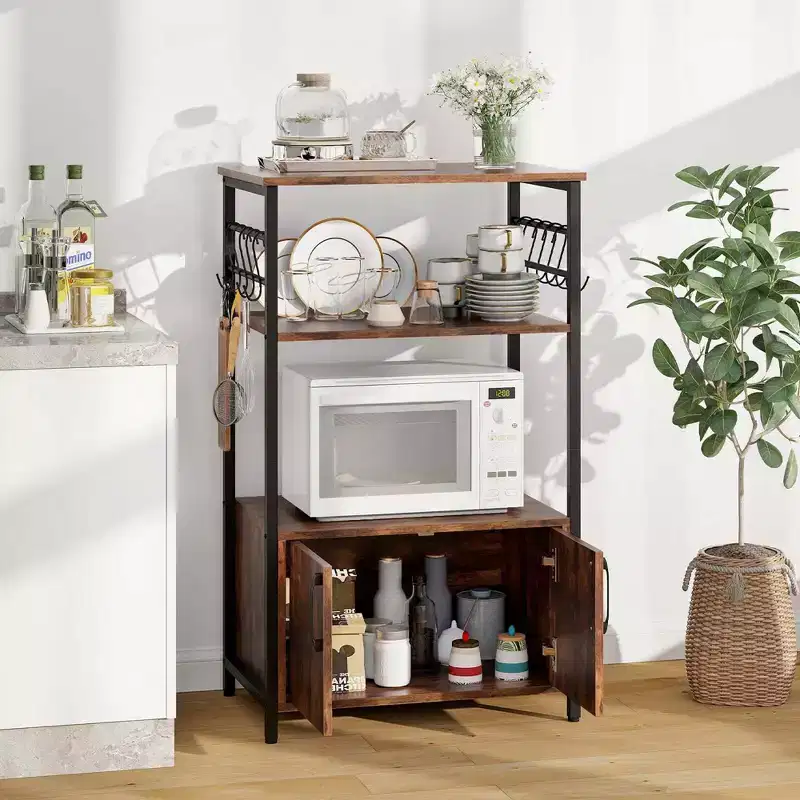Costway 3-Tier Kitchen Bakers Rack with Cabinet 2 Open Shelves 10 S-Shaped Hooks