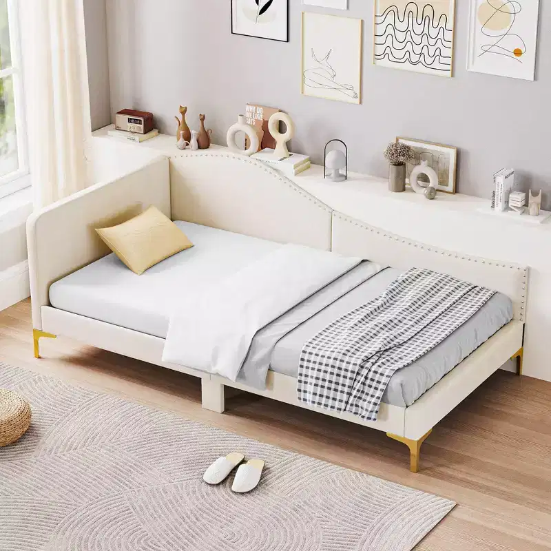 Twin/Full Size Upholstered Daybed Rivet-Tufted Platform Bed with Metal Legs Beige