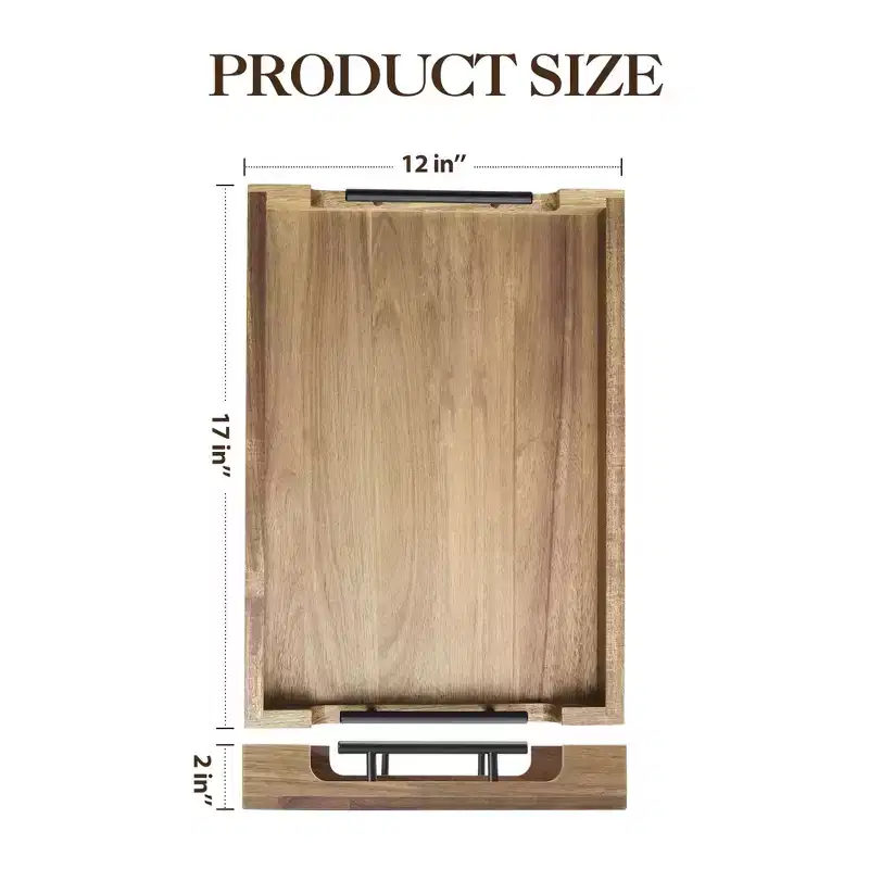17 Acacia Serving Tray C Wooden Tray with Metal Handles (Brown, for Coffee Table/Bar/Kitchen/Bathroom)