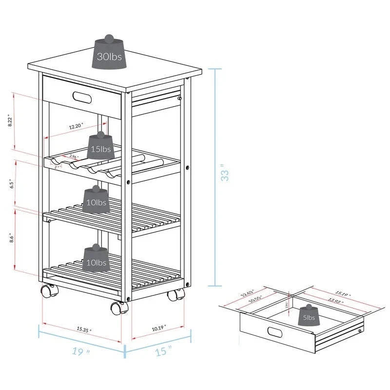 Solid Wood 4-Tier Rolling Kitchen Cart with Wine Rack and Drawer