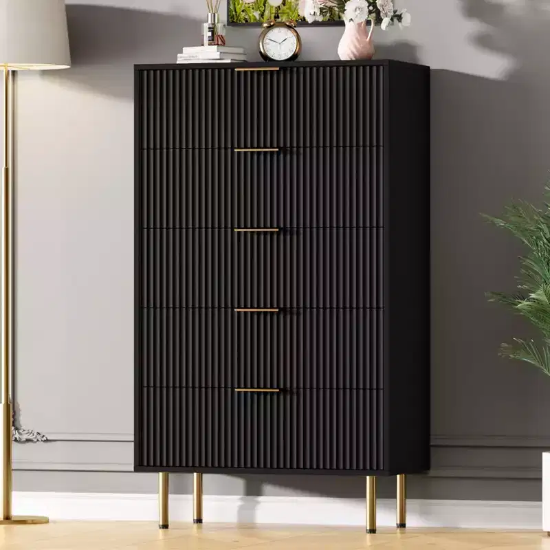 White / Marble & Wood 5-Drawer Dresser – Fluted Panel, for 1 Person Use