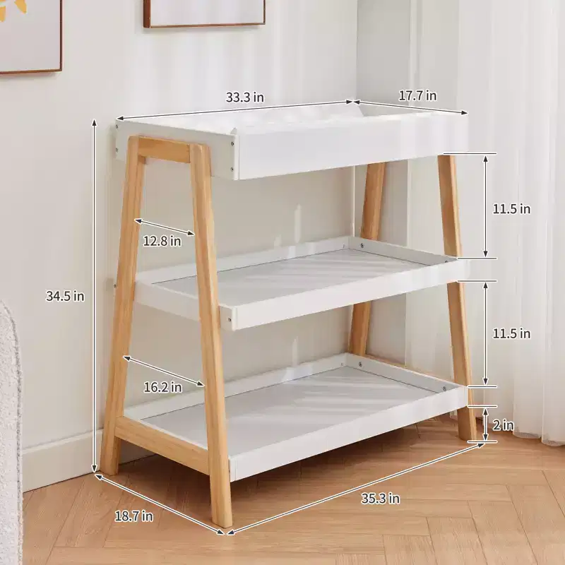 Modern Baby Changing Table with Waterproof Pad & 2 Storage Shelves, Portable Wood Nursery Furniture for Newborns/Infants, Wood+White