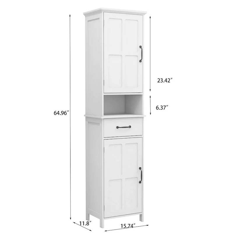 65 Inch Tall Standing Cabinet with 1 Open Shelf, Black Metal Handles, White