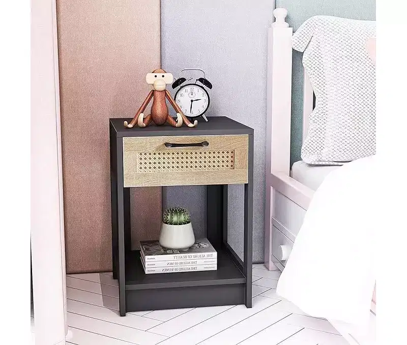 Rustic Rattan Nightstand with Drawers, Wooden Bedside Table for Farmhouse or Modern Bedrooms