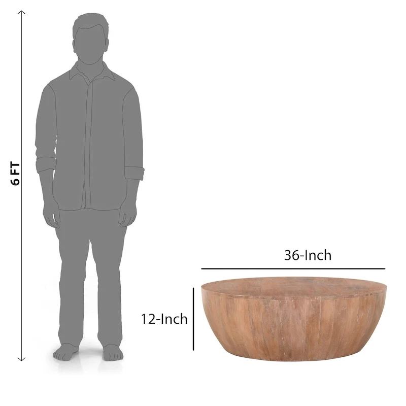 Round Mango Wood Coffee Table with Plank Base, Distressed Brown