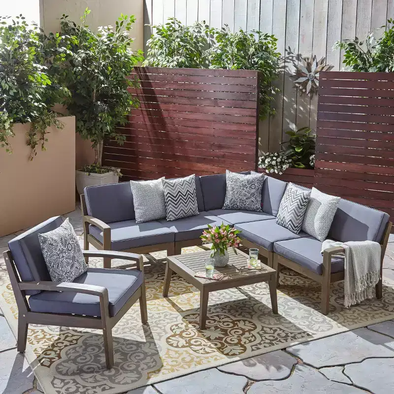 GDFStudio Parma Outdoor Acacia Wood 6 Seater Sectional Sofa and Club Chair Set with Cushions