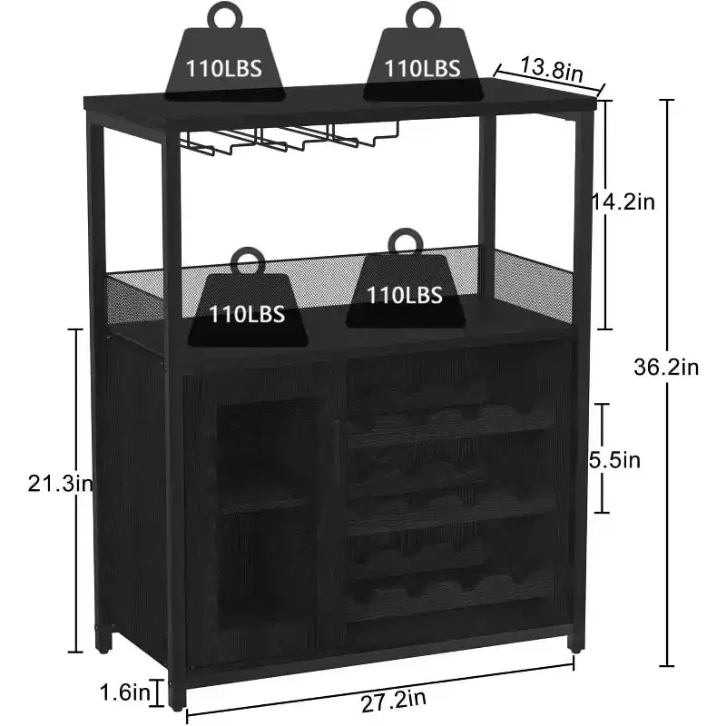 Coffee Wine Bar Cabinet with Storage and Detachable Rack, Farmhouse Sideboard and Buffet Cabinet with Glass Holder and Mesh Door