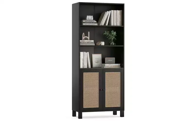 Farmhouse 5-Tier Tall Wood Bookshelf with Rattan Doors, Display Bookcase for Bedroom & Living Room