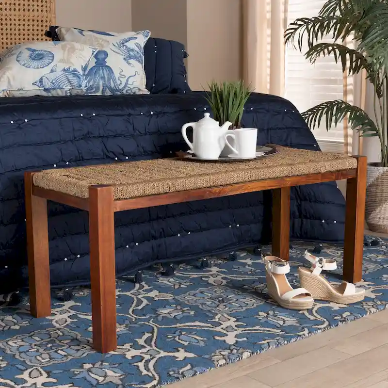 Mid-Century Transitional Bench with Woven Seagrass Seat and Mahogany Frame