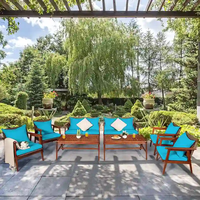 Costway 8PCS Patio Rattan Furniture Set Acacia Wood Frame Cushioned