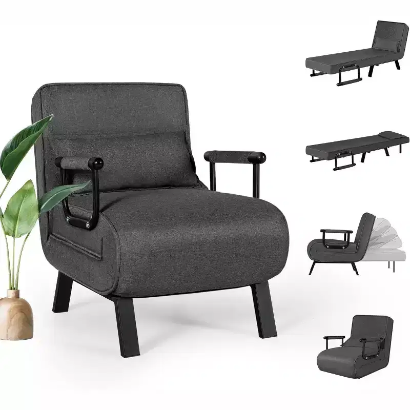 Convertible Chair Bed Sleeper for Adults with 5-Position Adjustable Backrest & Pillow, Comfy Single Futon Sofa Bed for Apartment, Office