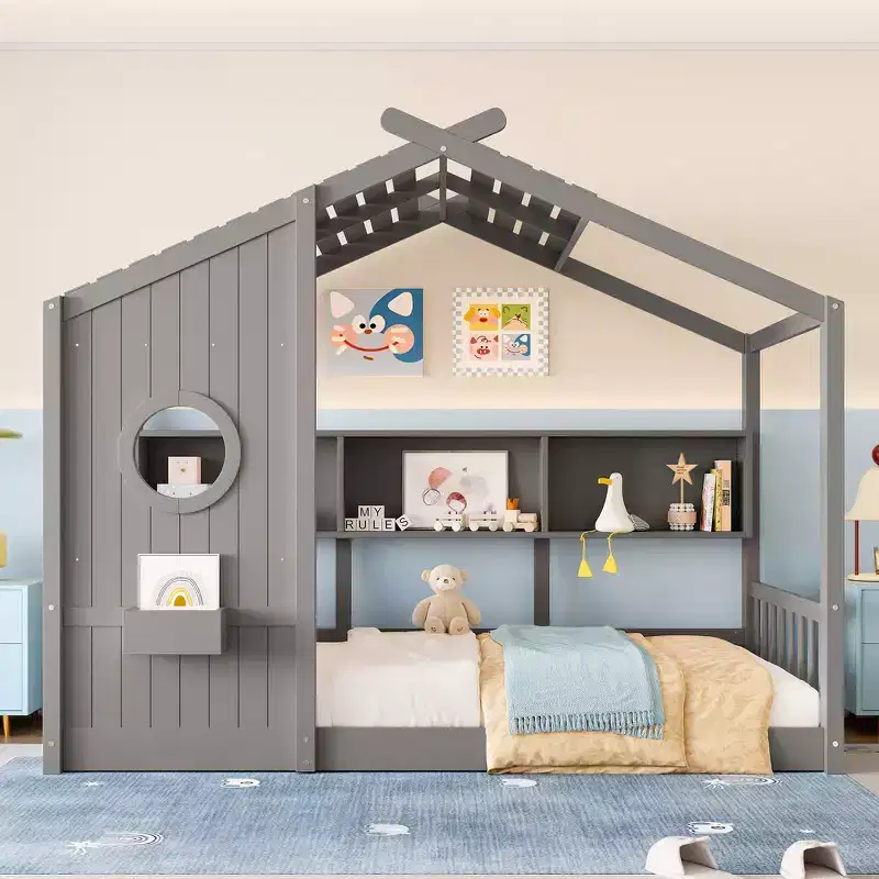 Twin Size Montessori Floor House Bed with Storage Shelf & Roof Design, Solid Pine Wood