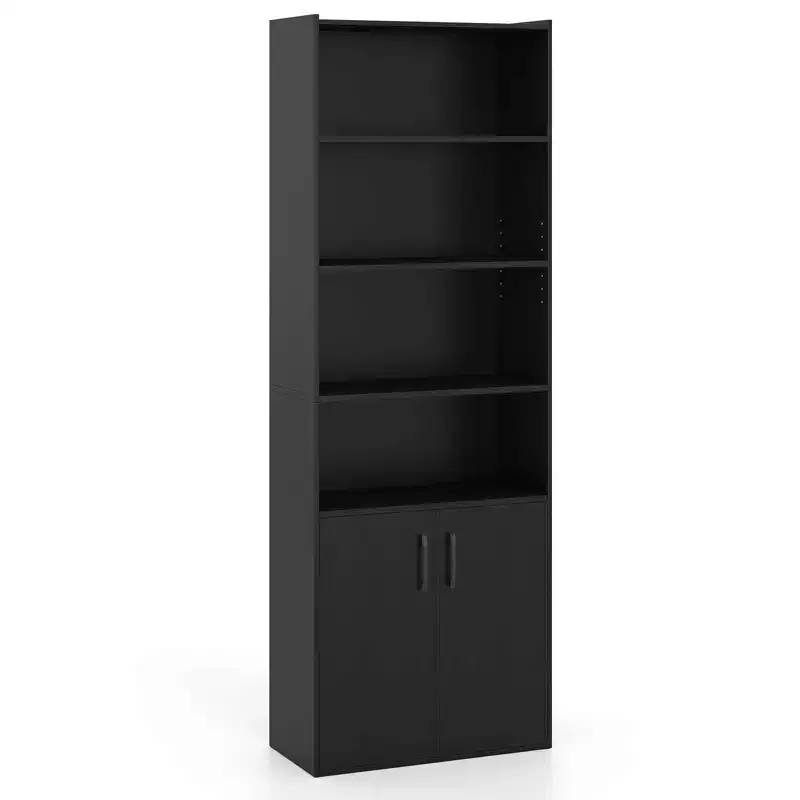 70-Inch Tall Bookcase with Adjustable Shelves and 2-Door Cabinet