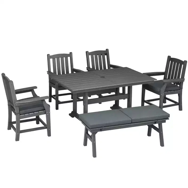 6 Pieces Patio Dining, 6 Seater Outdoor Table and Chairs, Conversation Furniture, Armrests, Loveseat Bench, Dinner Table with Umbrella Hole