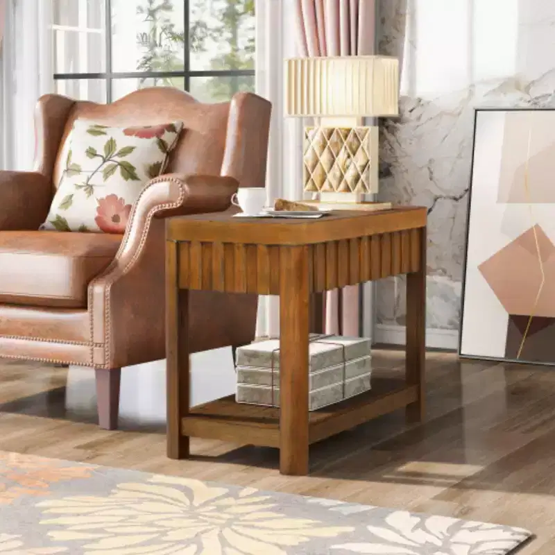 Rectangular Farmhouse End Table with Storage Shelf, Sofa Side Table with Solid Wood Legs for Living Room, Bedroom, Office, Walnut