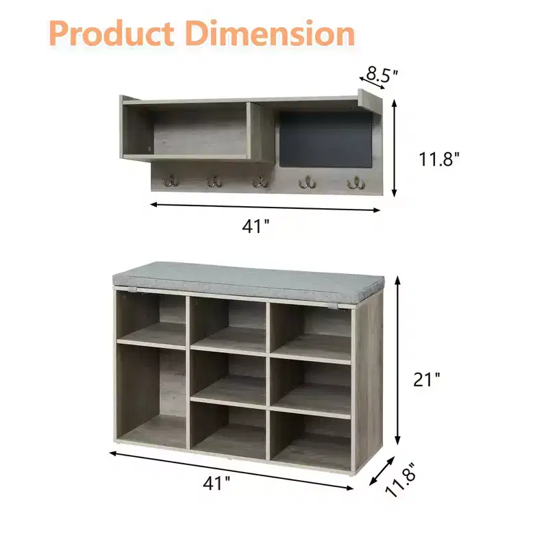 31.5 Industrial Hall Tree with Shoe Bench, Entryway Coat Rack with 5 Hooks & 9 Storage Cubbies, Bookshelf & Blackboard