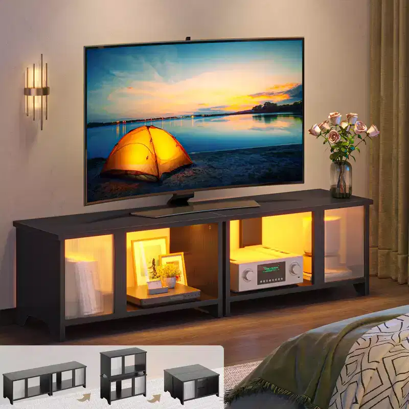 Pinmoco 55 inch LED TV Stand for TVs up to 65'', Expandable Side by Side or Stacking TV Stand with Storage