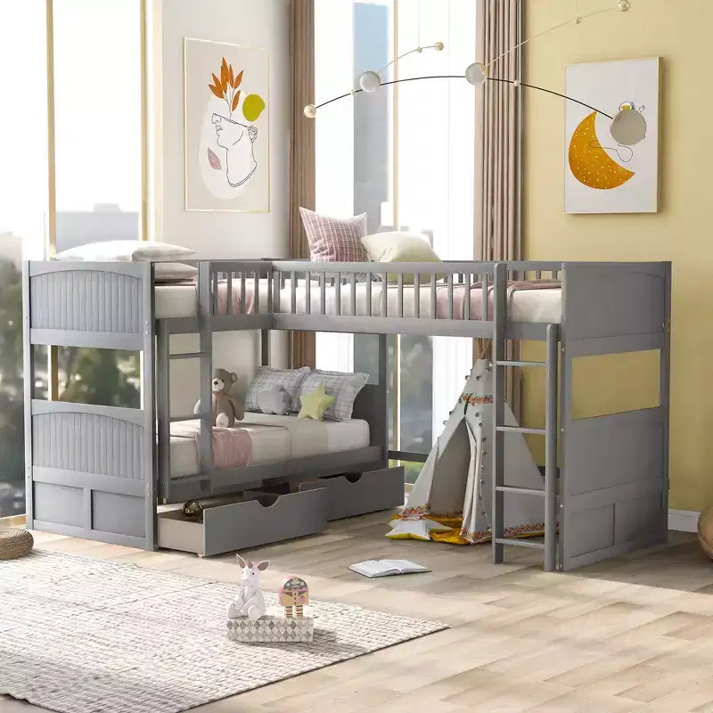Twin L-Shaped Wood Bunk Beds with 3 Storage Drawers, Twin over Twin Wooden Triple Loft bedframe for 3 Kids
