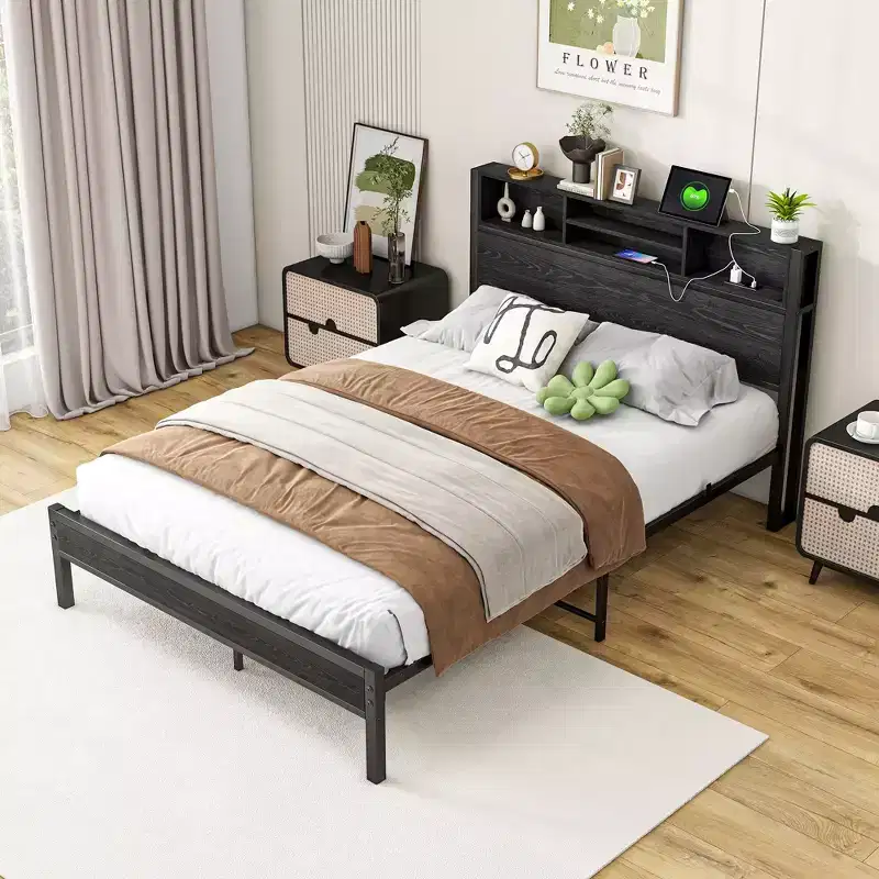 Full Size Metal Platform Bed Frame with Storage Headboard and Charging Station, Black