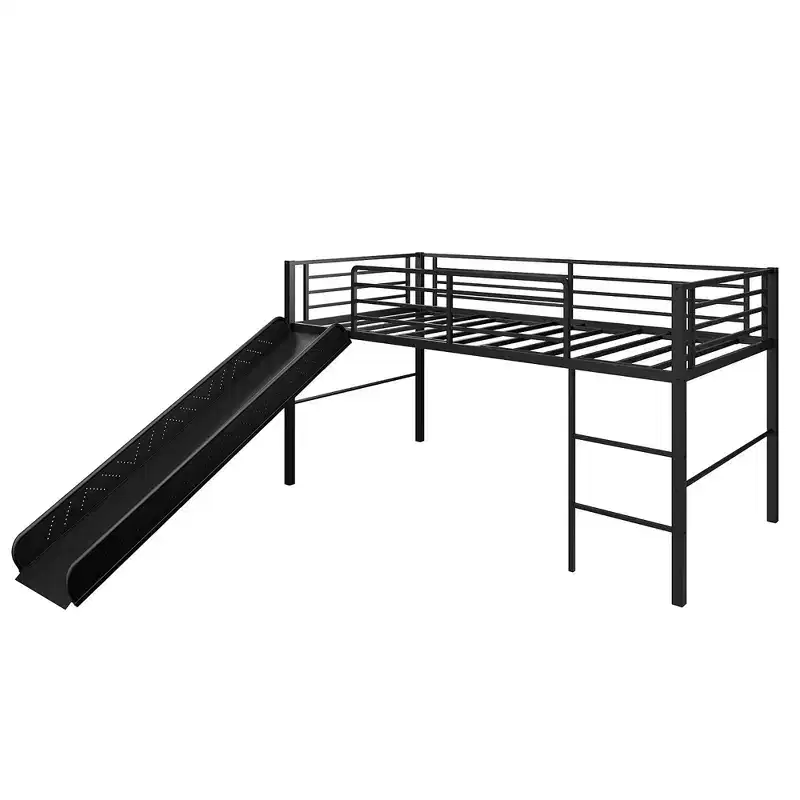 Twin Metal Loft Bed with Slide Guardrails Built-in Ladder Low Bed Frame