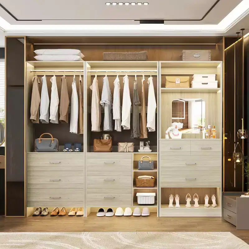 Besiost Set of 3 Closet Organizer System with Wood Drawers, 79-In Freestanding Wardrobe with Hanging Rods and Mirror