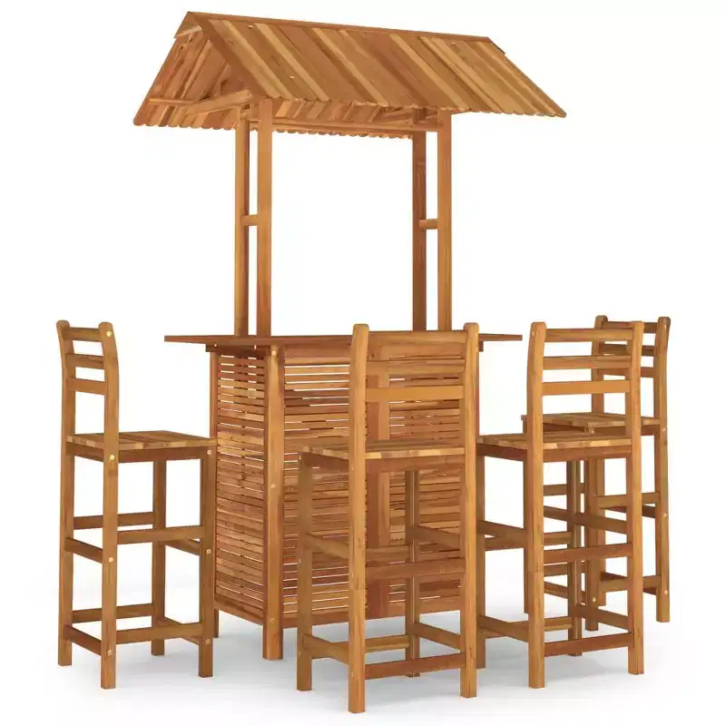 vidaXL 5-Piece Acacia Wood Patio Bar Set  High-Top Outdoor Table with Rooftop and 4 Stools for Garden, Terrace, Brown Finish