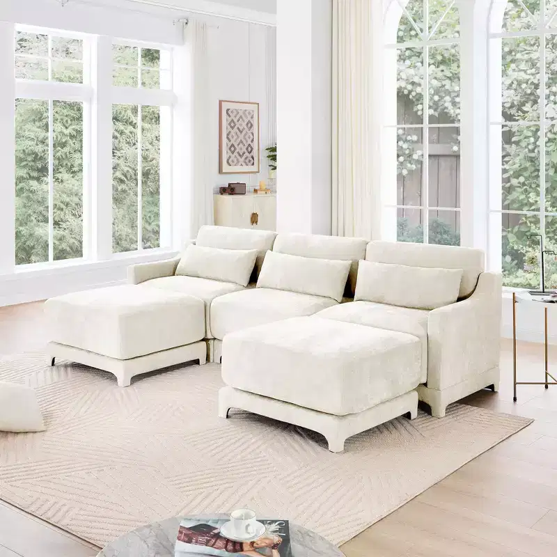 3-Seater Chenille Fabric Beige Sofa with 2 Movable Ottomans and Lumbar Pillow High-Resilience Sponge High Quality Wooden Base