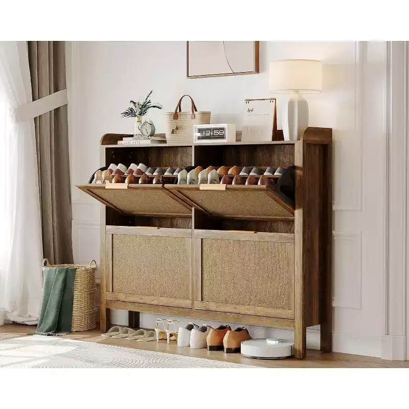 47 Boho Rattan Shoe Cabinet with 4 Flip Drawers, Slim Freestanding Shoe Storage with Adjustable Shelves for Entryway, Hallway or Foyer, Brown